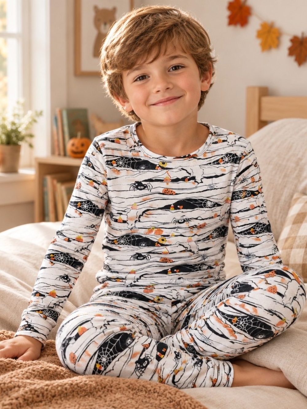 Place White Spider & Pumpkin Print Kids Pajama Set Sz 7